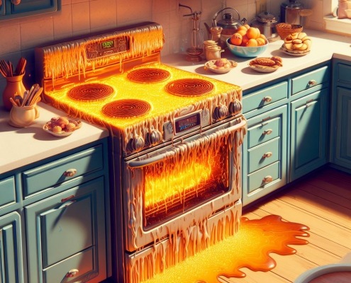 animated range malfunctioning with thanksgiving food scattered in kitchen