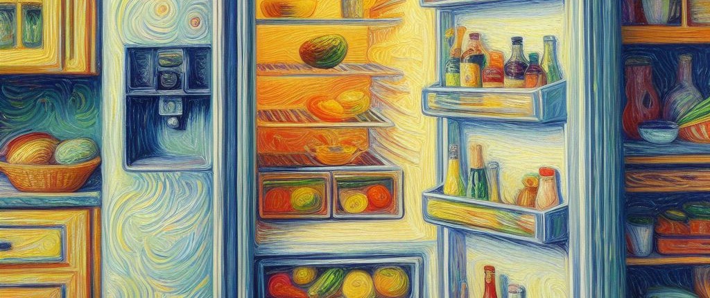 open refrigerator stocked with food in impressionism style