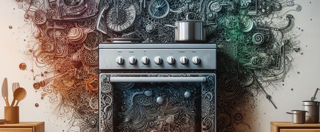 an electric range in a room with dark matter and objects spewing from its back