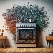an electric range in a room with dark matter and objects spewing from its back