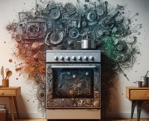 an electric range in a room with dark matter and objects spewing from its back