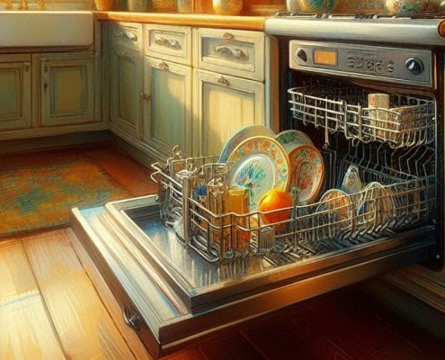 open dishwasher full of dishes in impressionistic kitchen