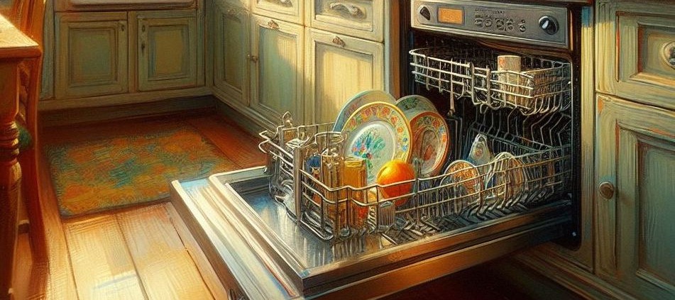 open dishwasher full of dishes in impressionistic kitchen