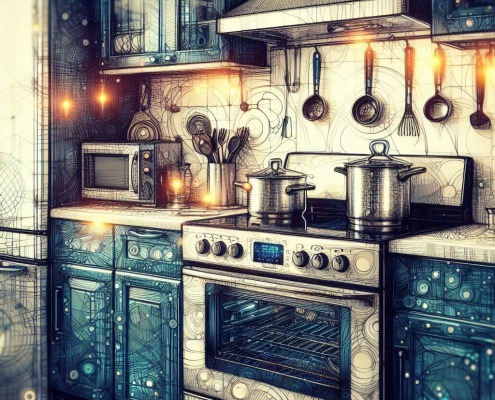 electric range in fantasy style kitchen with pots on surface