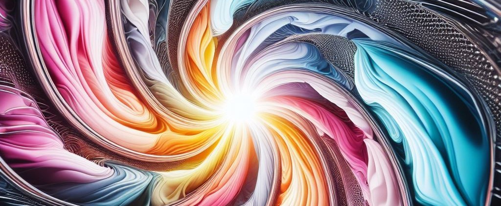 vibrant mixture of laundry items and metal drum of washing machine spinning around