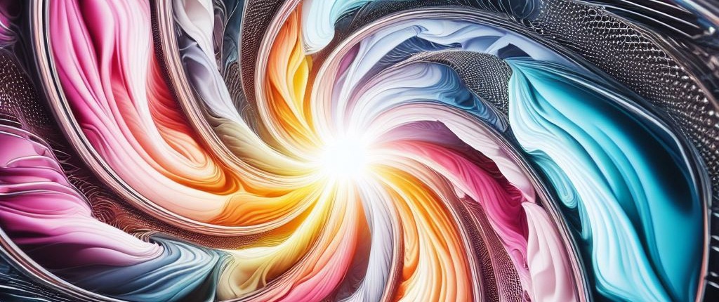 vibrant mixture of laundry items and metal drum of washing machine spinning around