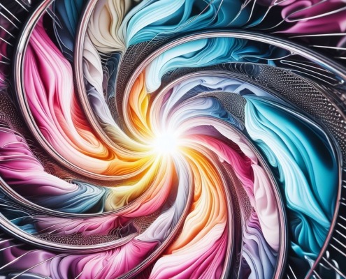 vibrant mixture of laundry items and metal drum of washing machine spinning around