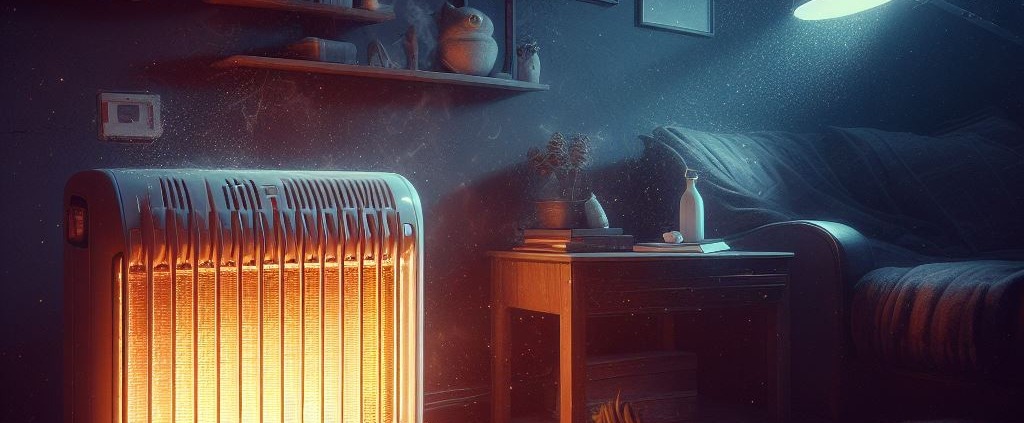 large, glowing space heater in dark bedroom