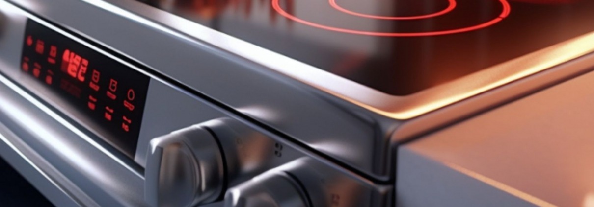 electric range in modern kitchen with elements glowing red and steam rising above