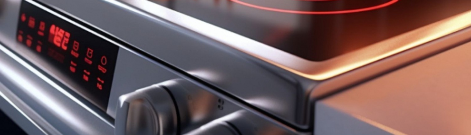 electric range in modern kitchen with elements glowing red and steam rising above