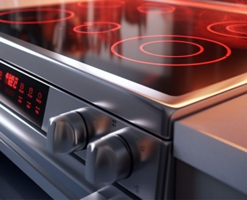 electric range in modern kitchen with elements glowing red and steam rising above