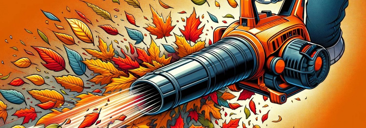 an image depicting fall leaves being blown by a leaf blower.
