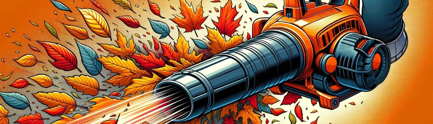 an image depicting fall leaves being blown by a leaf blower.