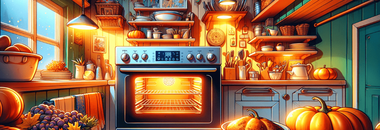 Illustration of a kitchen decorated for Thanksgiving with an electric stove prepped