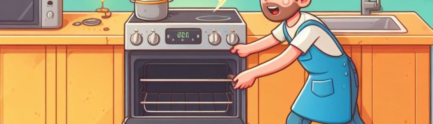animated chef in kitchen handling oven racks and parts for replacement