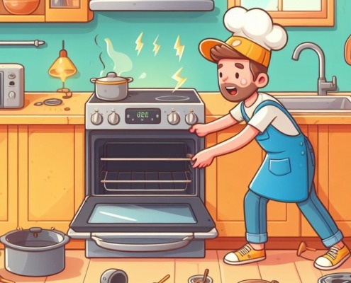 animated chef in kitchen handling oven racks and parts for replacement