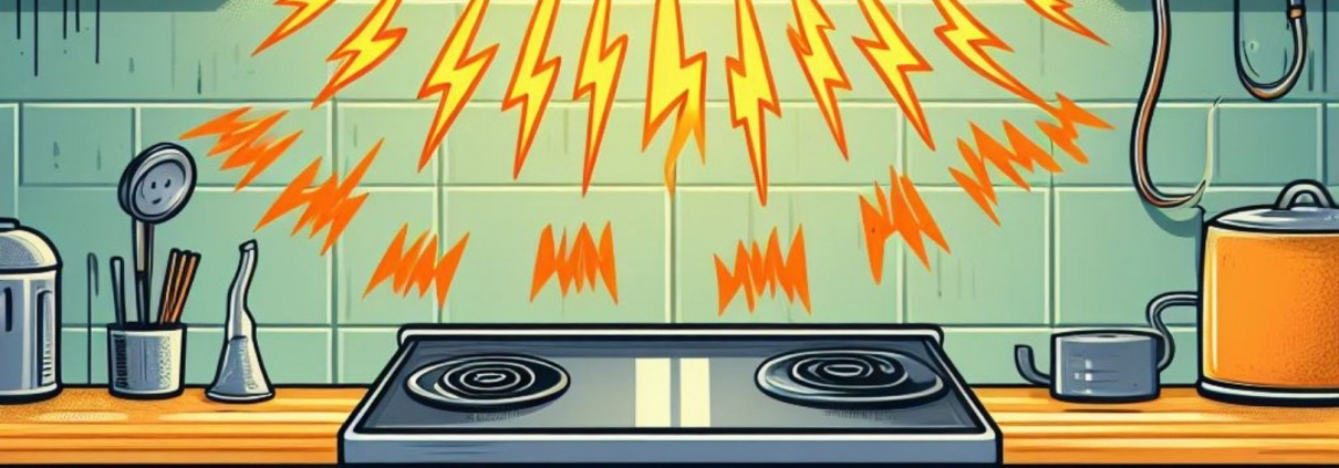 animated range hood over stove with noise symbols coming from it