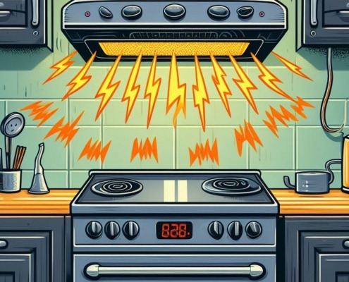 animated range hood over stove with noise symbols coming from it