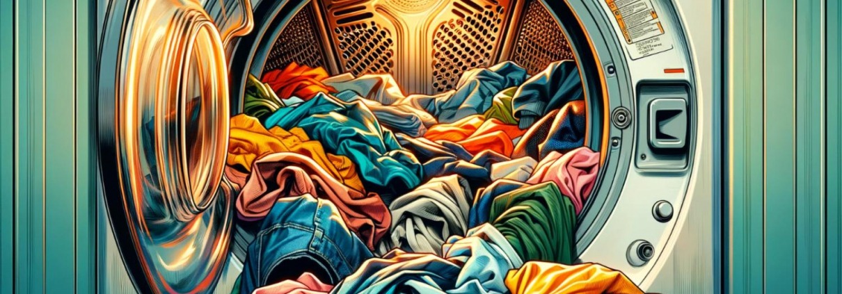 How gas dryers work illustration; clothes flowing out of a dryer