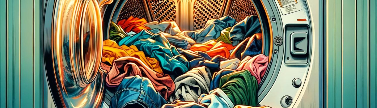 How gas dryers work illustration; clothes flowing out of a dryer