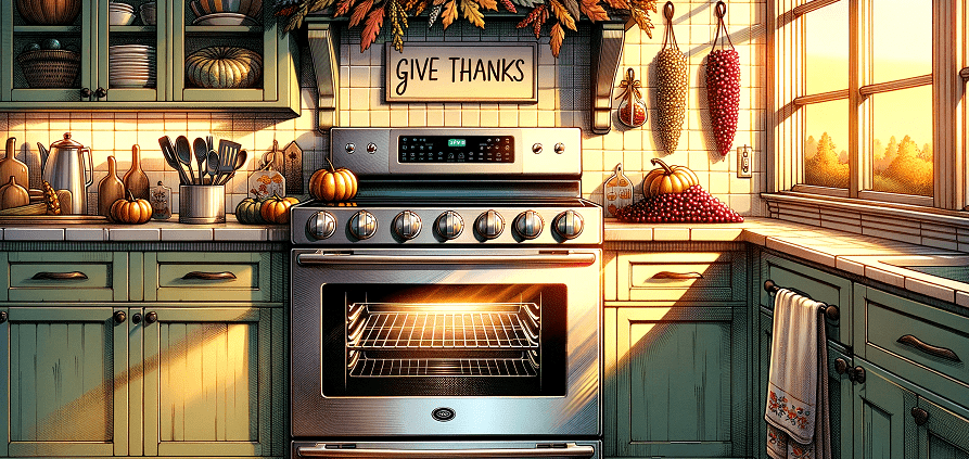 illustration of a kitchen decorated with Thanksgiving themes
