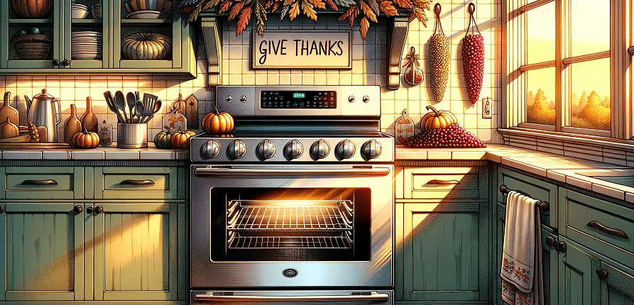 illustration of a kitchen decorated with Thanksgiving themes