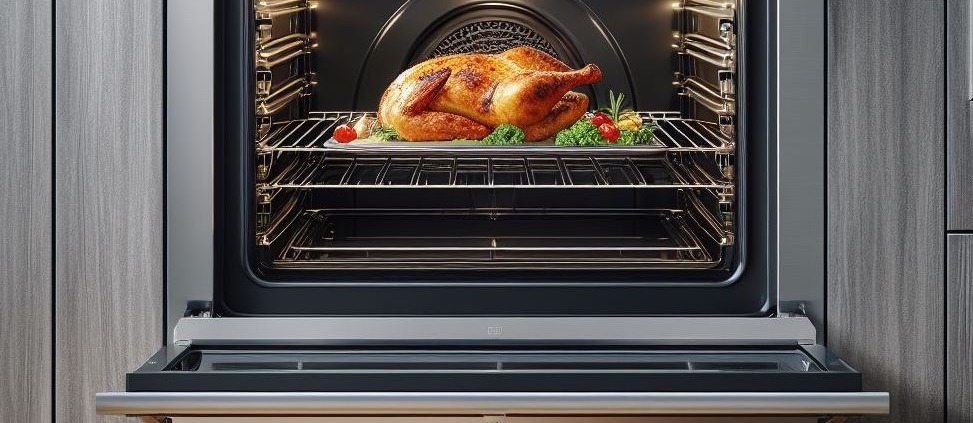 wall oven in a modern kitchen with a turkey on a rack inside