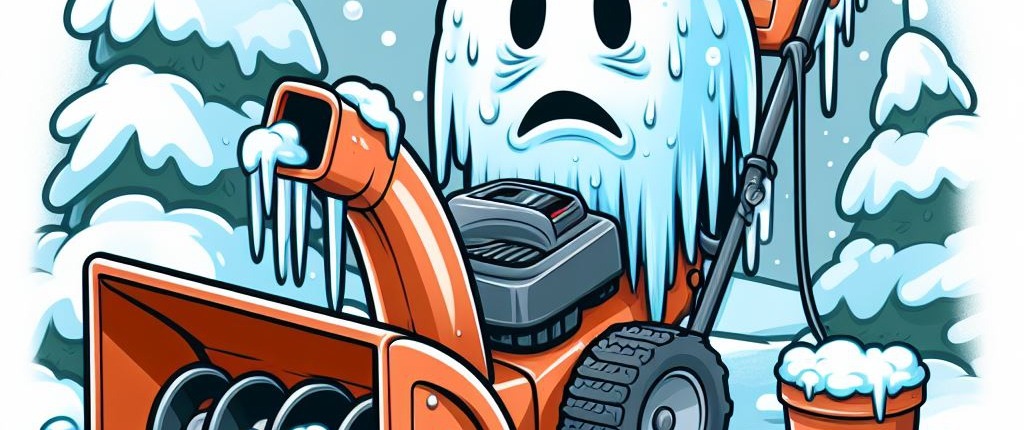 animated snowblower with sad snow piled on top outside