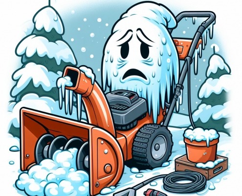 animated snowblower with sad snow piled on top outside