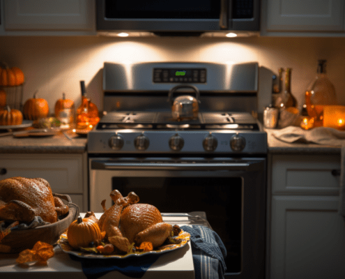 Electric stoven in a kitchen decorated for Thanksgiving