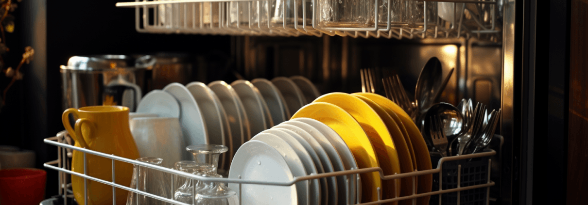 open dishwasher loaded with dirty dishes from holiday cooking