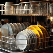 open dishwasher loaded with dirty dishes from holiday cooking