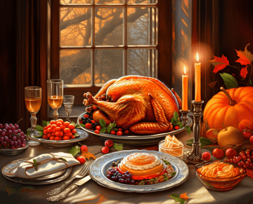 a festive thanksgiving table full of holiday food with a window showing trees nearby