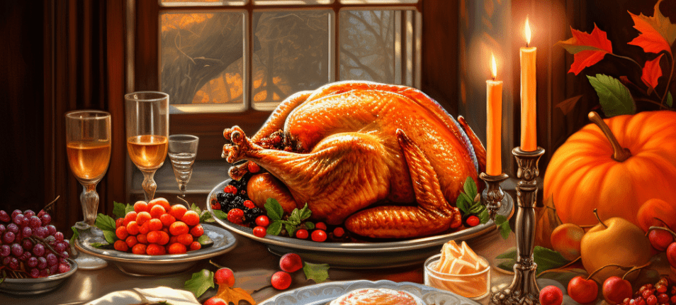 a festive thanksgiving table full of holiday food with a window showing trees nearby