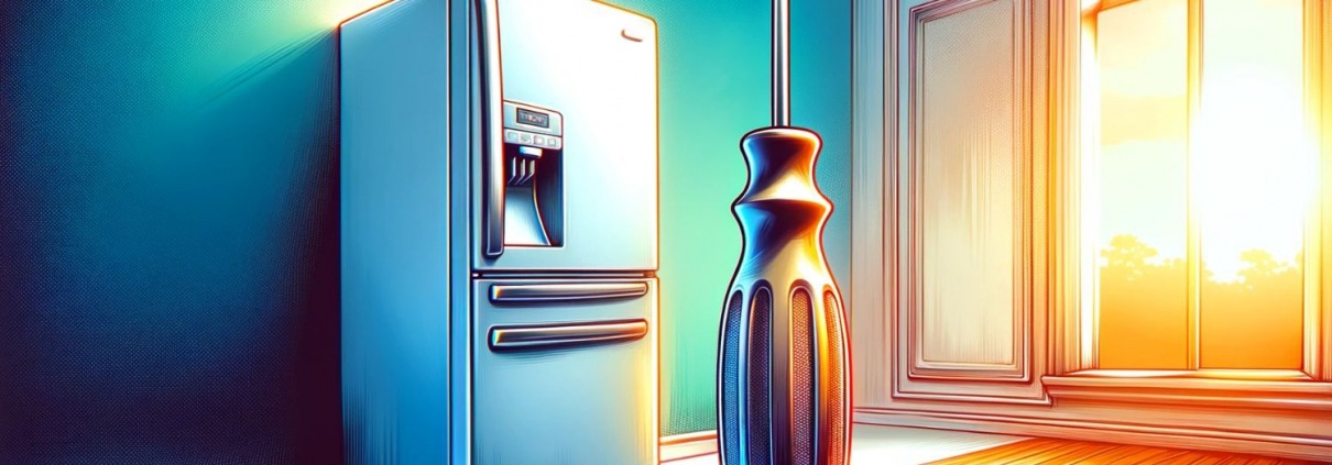 illustration of a refrigerator and a large screwdriver in an empty room