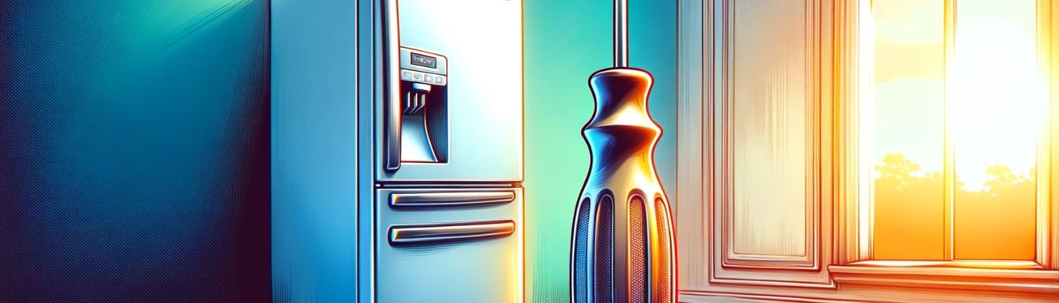 illustration of a refrigerator and a large screwdriver in an empty room
