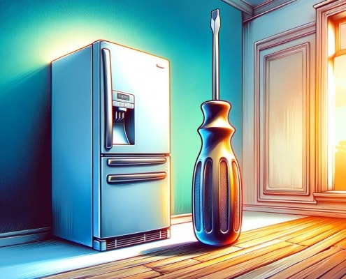 illustration of a refrigerator and a large screwdriver in an empty room