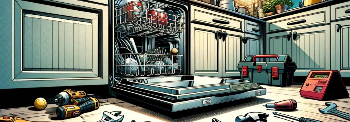 illustration of a dishwasher in a kitchen surrounded by repair tools after having the spray arm water supply tube replaced