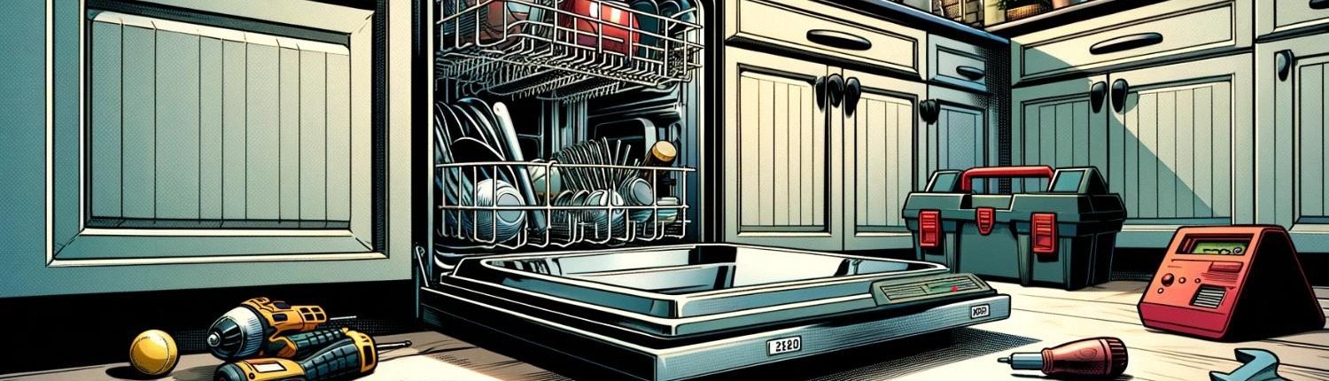 illustration of a dishwasher in a kitchen surrounded by repair tools after having the spray arm water supply tube replaced