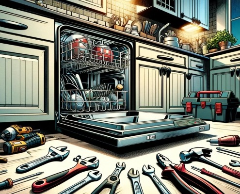 illustration of a dishwasher in a kitchen surrounded by repair tools after having the spray arm water supply tube replaced