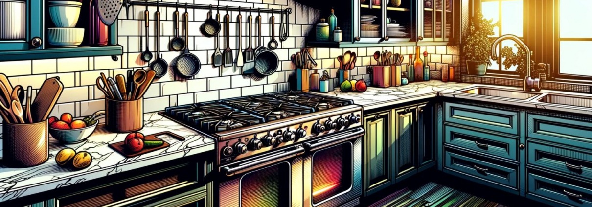 dynamic illustration of a range with a hidden bake element in a kitchen