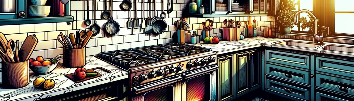 dynamic illustration of a range with a hidden bake element in a kitchen