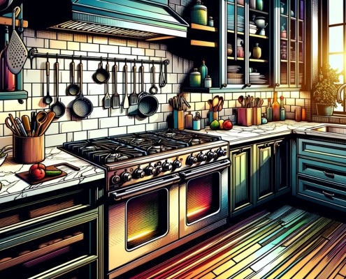 dynamic illustration of a range with a hidden bake element in a kitchen