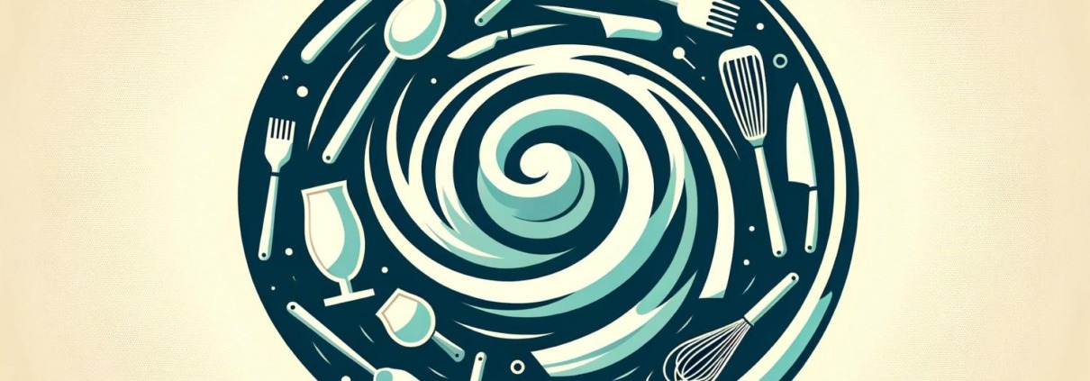vectorized graphic illustration of kitchen utensils swirling around symbolizing a dishwasher cycle