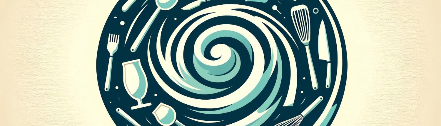 vectorized graphic illustration of kitchen utensils swirling around symbolizing a dishwasher cycle