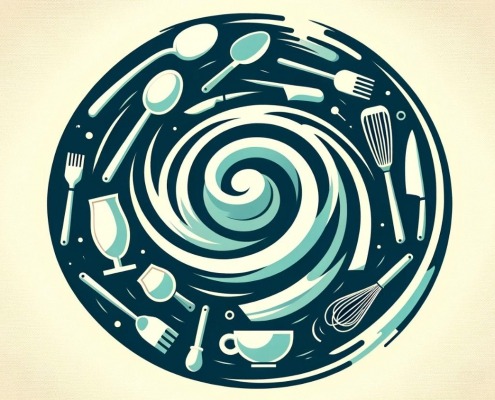vectorized graphic illustration of kitchen utensils swirling around symbolizing a dishwasher cycle