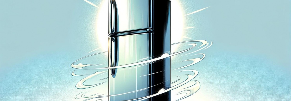 A digital illustration of a sleek, modern refrigerator. The refrigerator is tall and slim, with a smooth, matte finish.