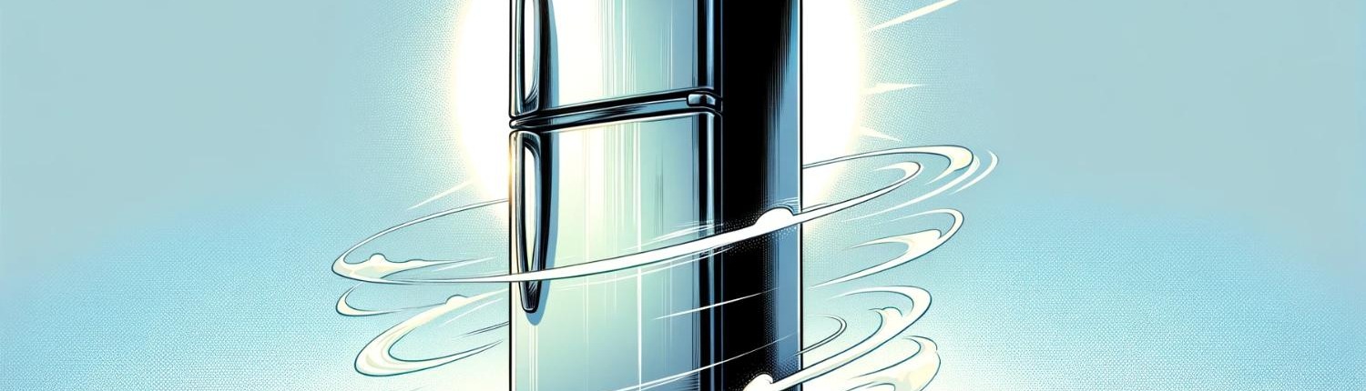 A digital illustration of a sleek, modern refrigerator. The refrigerator is tall and slim, with a smooth, matte finish.