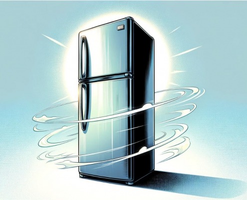 A digital illustration of a sleek, modern refrigerator. The refrigerator is tall and slim, with a smooth, matte finish.