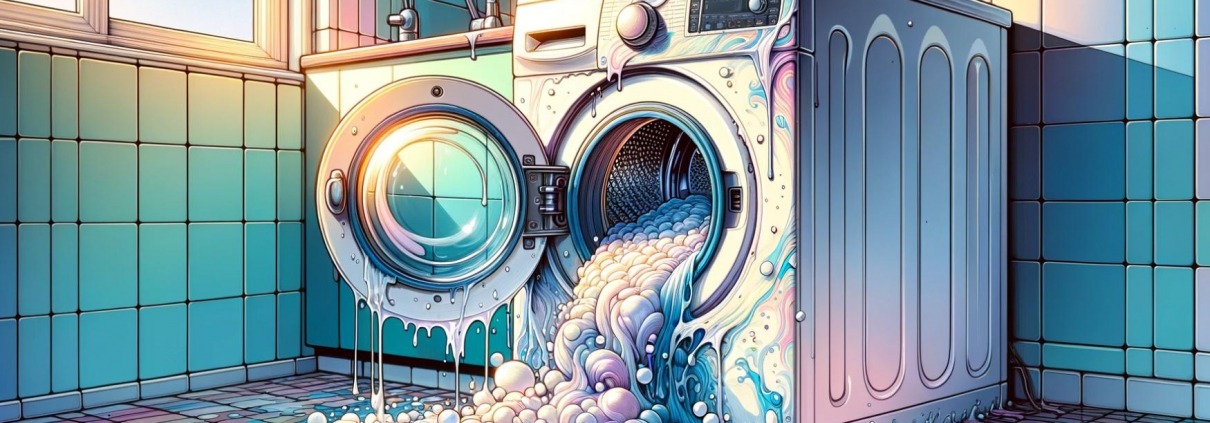 A digital illustration of an overflowing washing machine, with suds and water spilling out from its door, due to a bad pressure sensor
